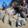 Mad genius Gary Hogue with his George Greenough-inspired designs at the Wild Coast Whomp .