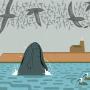 Sooty shearwaters and a humpback whale at Lighthouse Point, from a work-in-progress by Doug Ross.