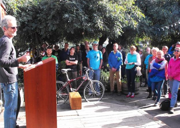Piet Canin of Ecology Action addresses bike advocates gathered for the renaming of People Power. The new organization is called Bike Santa Cruz County.