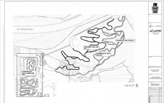 Overview of the planned  Mount Hermon bike park. Note the three levels of downhill trail.