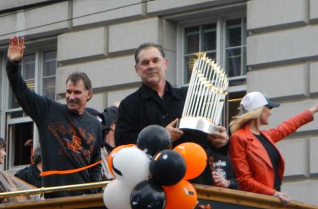Giants manager Bruce Bochy with the World Series trophy