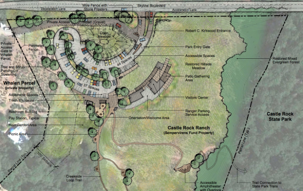 Plans for the new entrance area at Castle Rock State Park. It lies 800 feet northwest of the current park entrance. B