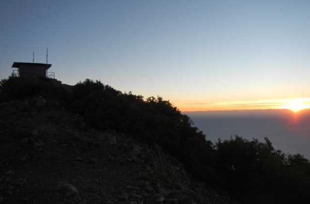 The fire lookout tower at sunset.