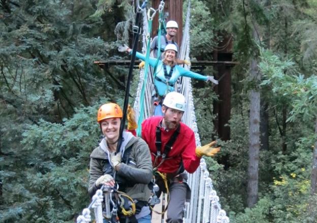 The swinging bridge is a fun and shaky passage from one towering redwood to another.  Karen Kefauver photo.
