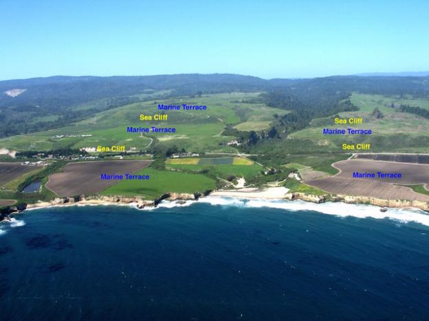 An aerial view reveals several marine terraces above Wilder Beach and in Wilder Ranch State Park. Photo by Gary Griggs.