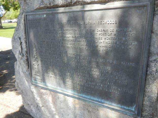 A plaque commemorates the Portola Expedition's "discovery" of redwoods at Pinto Lake.