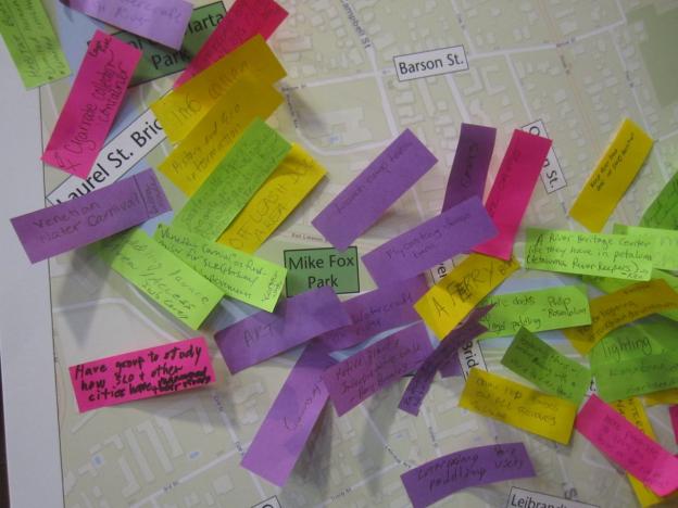 Sticky notes on a poster depicting the Estuarine Reach of the river at the March 5 San Lorenzo River Community Forum. Similar meetings follow on March 24 and May 12.