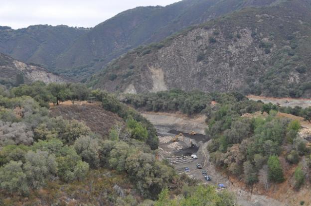 The San Clemente Dam Removal Project and Carmel River Reroute Project as viewed from a ridge bisecting the Carmel River and San Clemente Creek on Aug. 7, 2015.