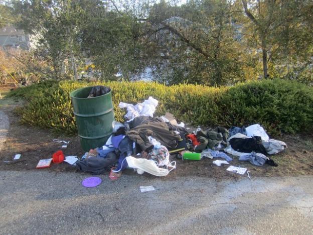 Garbage along the levee glimpsed during a Coastal Watershed Council-Santa Cruz Bird Club outing in December. Hilltromper photo.