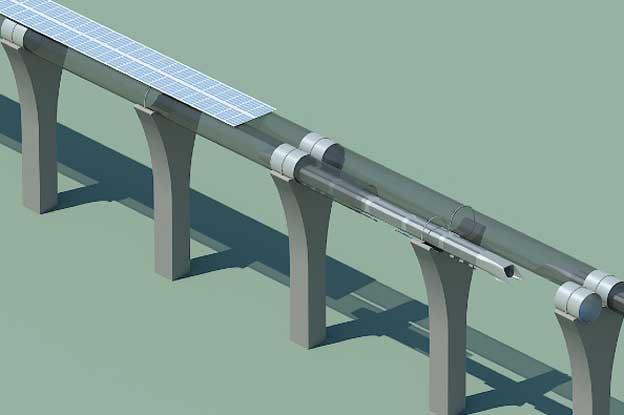 Solar panels and a Tesla motor (or two) would power the pod-tube cars.