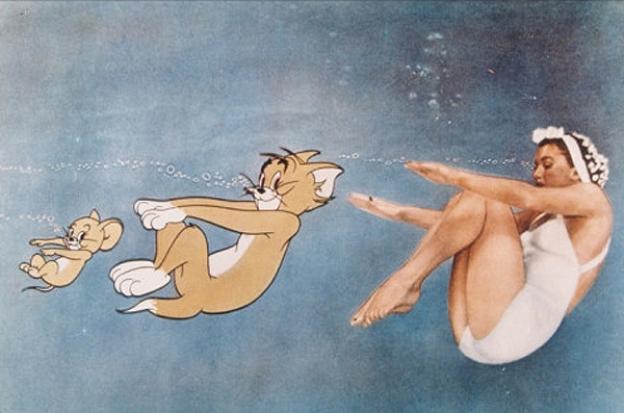 Tom 'n' Jerry and Esther Williams keep their cool in 'Dangerous When Wet,' a Metro-Goldwyn-Mayer film from 1953.