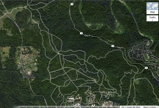 Google Earth view of the trail network at UCSC. Most of what is shown is illegal. 