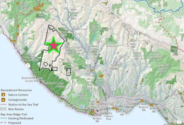 San Vicente Redwoods (outlined). Map of Santa Cruz County open spaces courtesy Land Trust.