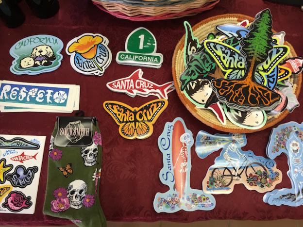Tim Ward's recognizable Santa Cruz designs now come on pins and keychains. Photo courtesy Miller Maxfield.
