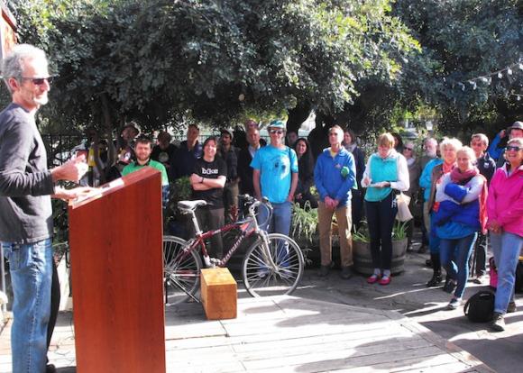 Piet Canin of Ecology Action addresses bike advocates gathered for the renaming of People Power. The new organization is called Bike Santa Cruz County.