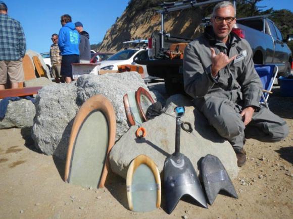 Mad genius Gary Hogue with his George Greenough-inspired designs at the Wild Coast Whomp .