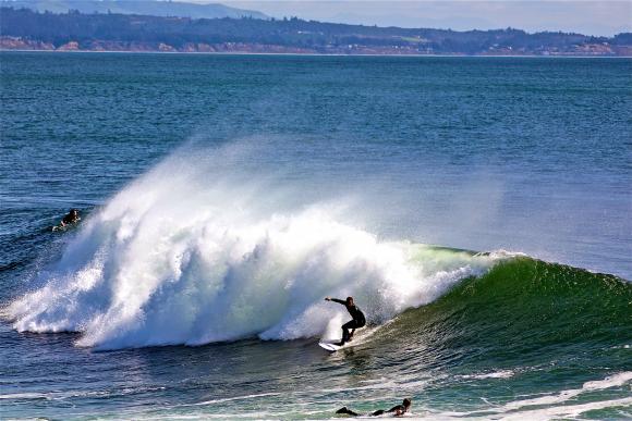 Steamer Lane is almost always breaking — and packed with protective locals. Photo by Chip Scheuer. 