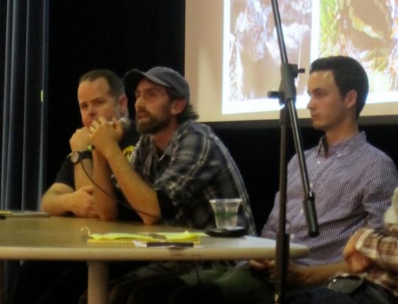 Panelists at the Forest Trails Talk Jan. 29. Left to right, Lono Barnes of Santa Cruz Fire Dept, Alex Jones of Campus Natural Reserve and Will Curtis, captain of the UCSC mountain biking team. Hilltromper photo.