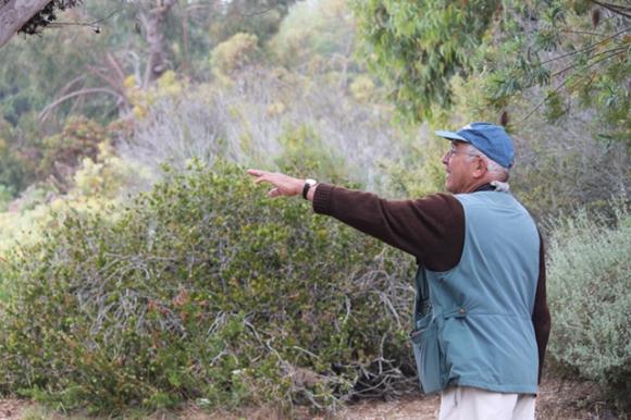 Retired UCSC professor and legendary local birder Todd Newberry points to the silken strands of an orb-weaving spider's creation.