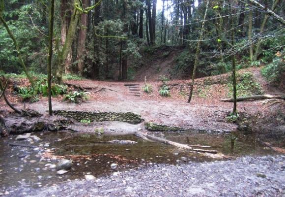 Seasonal bridges come down for the winter in Nisene Marks, but Aptos Creek is often passble anyway. Hilltromper photo.