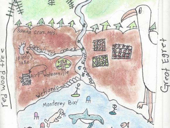 Detail from Brisa Arias's grand prize-winning depiction of the land-sea connection. Brisa is a fourth-grader at Mintie White in Watsonville.