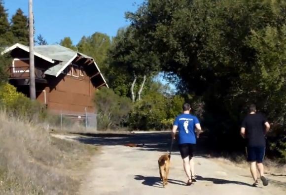 Josh Stiles of Shamma Sandals, left, and his buddy Brice running at Pogonip in minimalist sandals. 