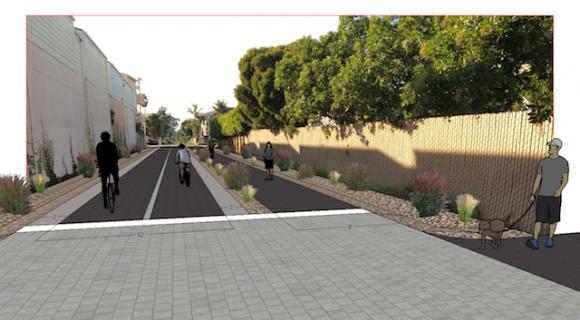 Rendering of bike and pedestrian trail on portion of corridor near 41st Avenue. Image courtesy Bud Colligan.