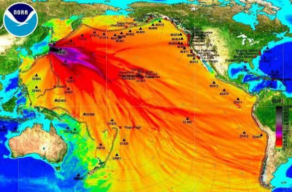 This image is being shared widely as evidence that dangerous levels of radiation from Fukushima have arrived on the West Coast. The map actually shows wave dispersal from the tsunami that  was partly responsible for the nuclear plant's breakdown.