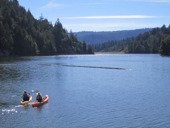 Kayakers set out from the dock on Loch Lomond in the Santa Cruz Mountains. Photo by Hilltromper.