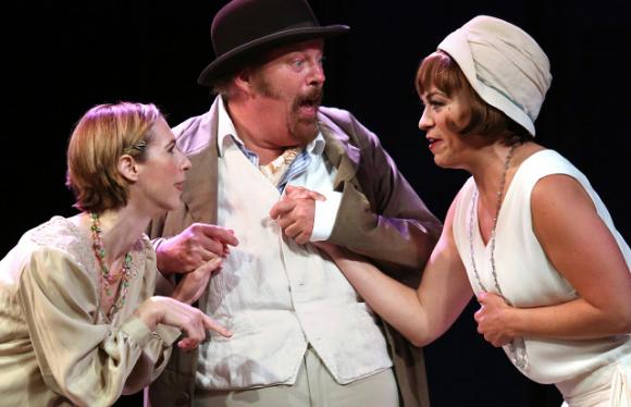 Falstaff (Richard Ziman) gets suckered into another scheme by Mistress Ford (Julia Coffey, left) and Mistress Page (Greta Wohlrabe) in Santa Cruz Shakespeare's 'The Merry Wives of Windsor.' Shmuel Thaler photo.